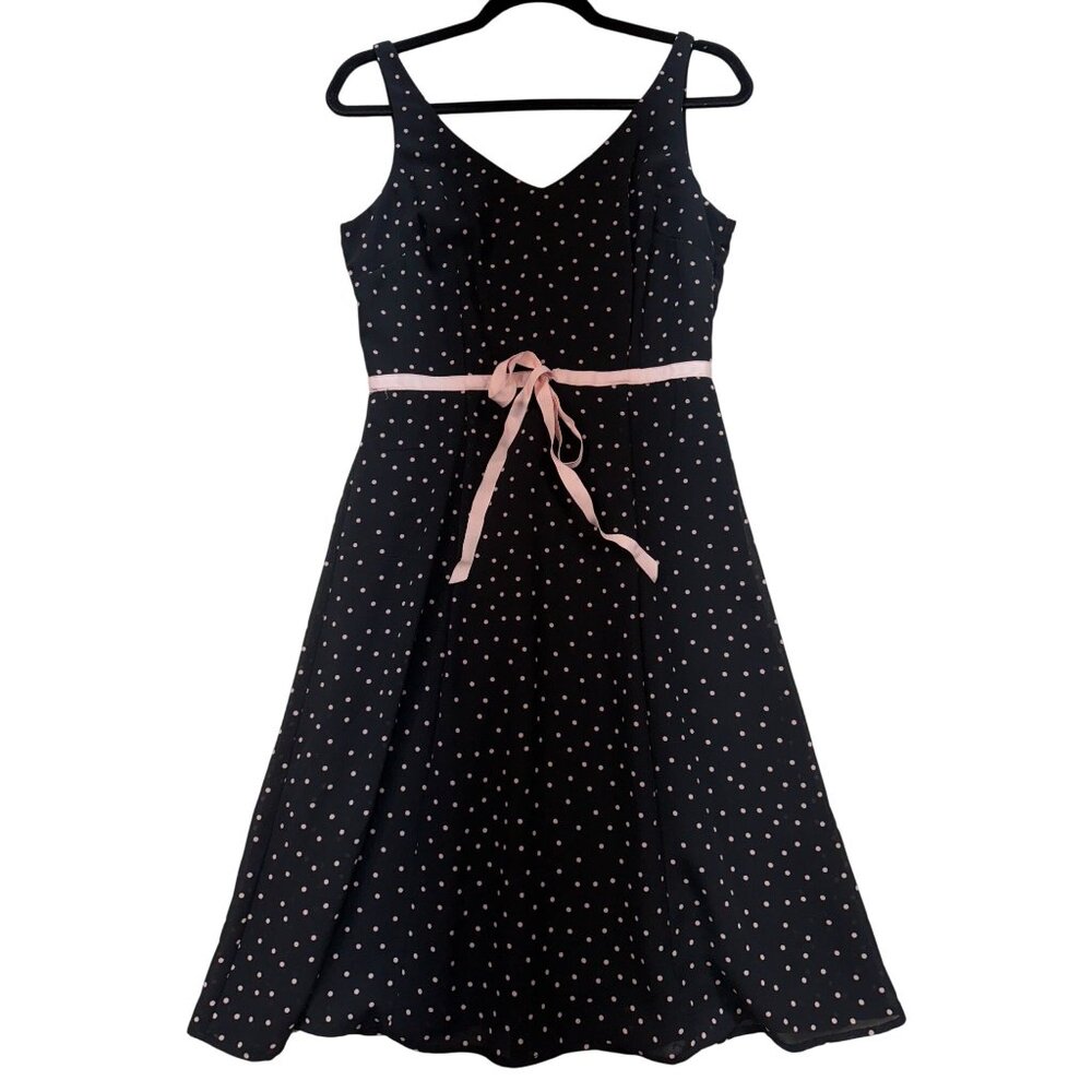 Emergency Exit Womens A-Line Dress Size 7 Black Polka Dot Sleeveless Tie Waist